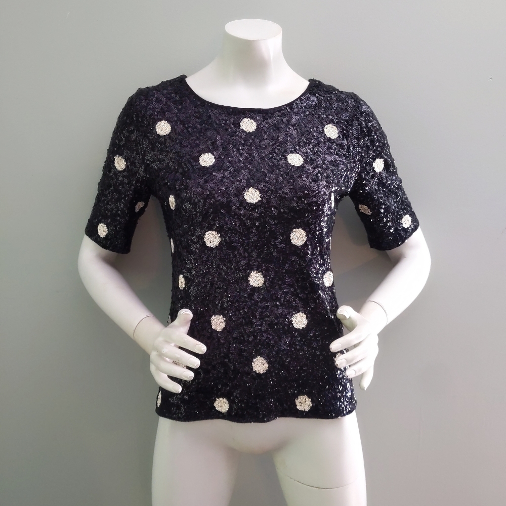 J Crew B&W Sequin Polka Dot Pullover Crewneck Shirt S